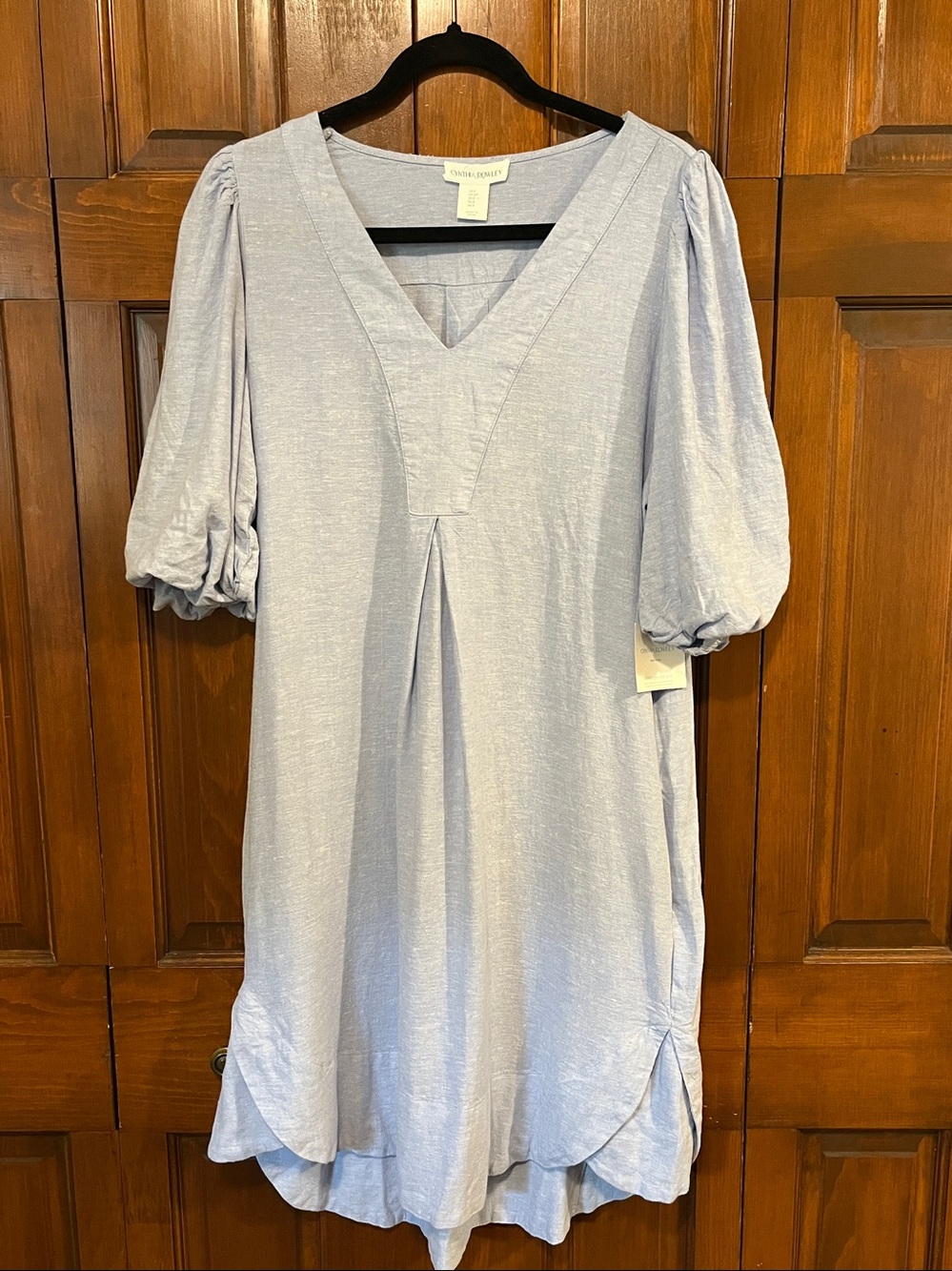 Cynthia Rowley Blue Linen-Blend Puff Sleeve Shirt Dress Size Small